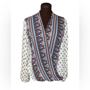 EYESHADOW Multi Color Print Wrap Blouson Long Sleeve Shirt Blouse Size Large